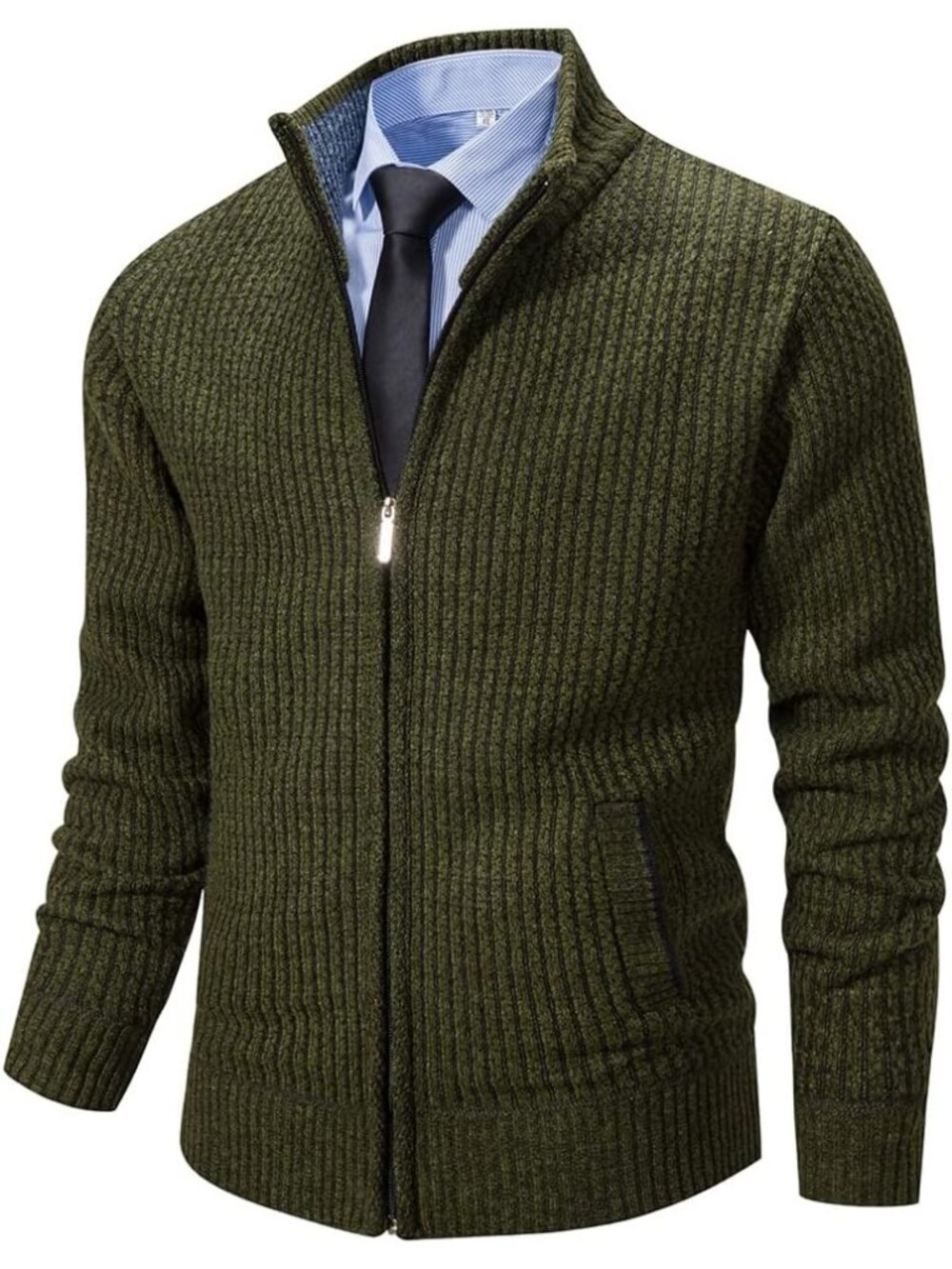 🆕Men's Green Cardigan Sweaters Full Zip Knitted Zipper Stand Collar Business